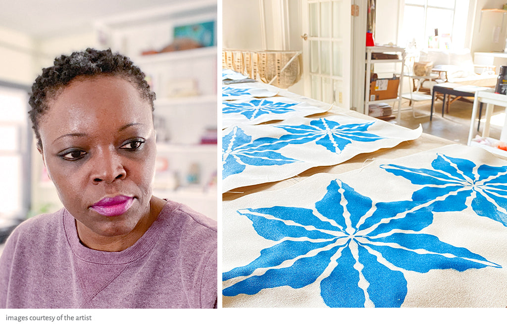 Left: image of artist, Yetunde Rodriguez; Right: image of Rodriguez's studio