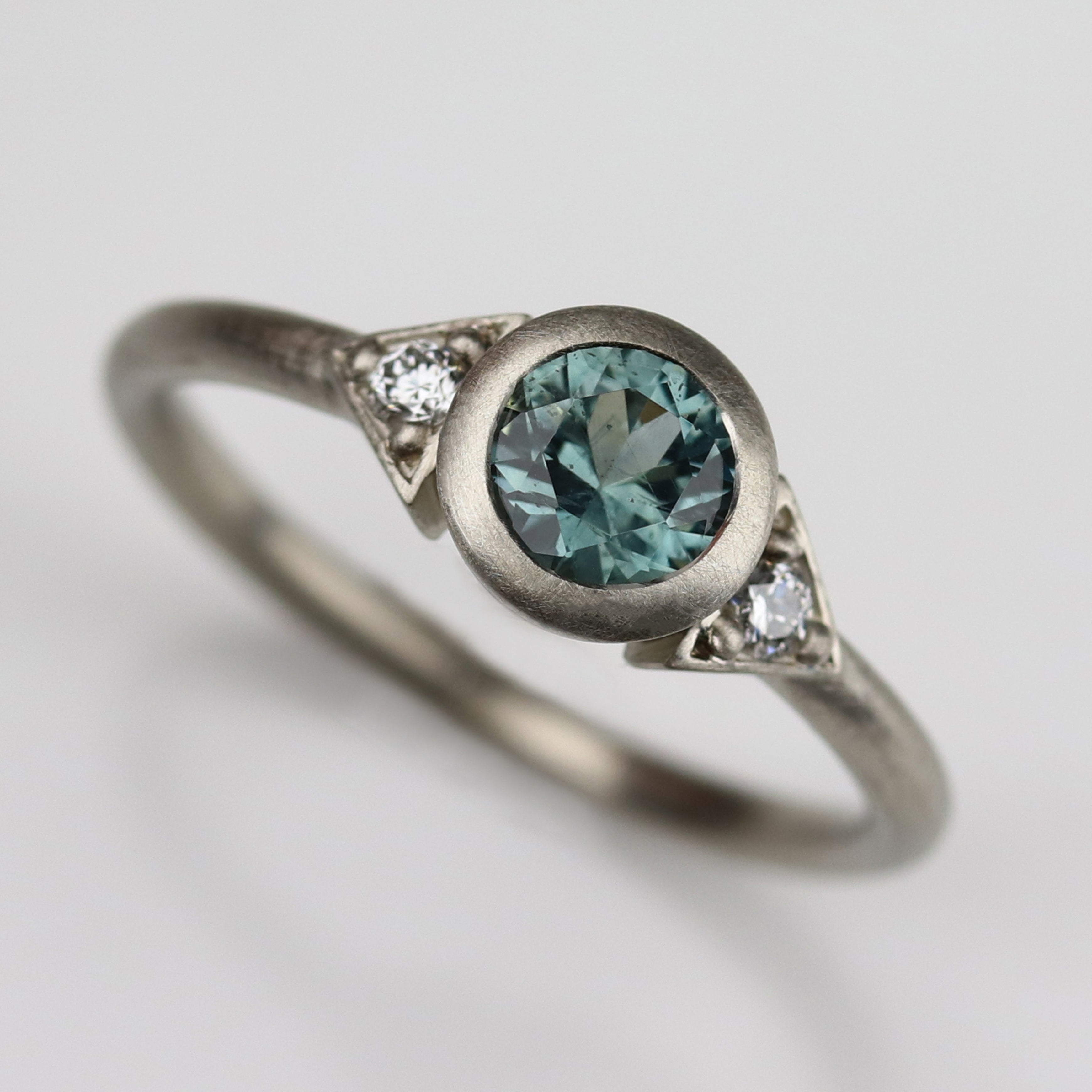 Teal Sapphire & White Gold Deco Three Stone Ring