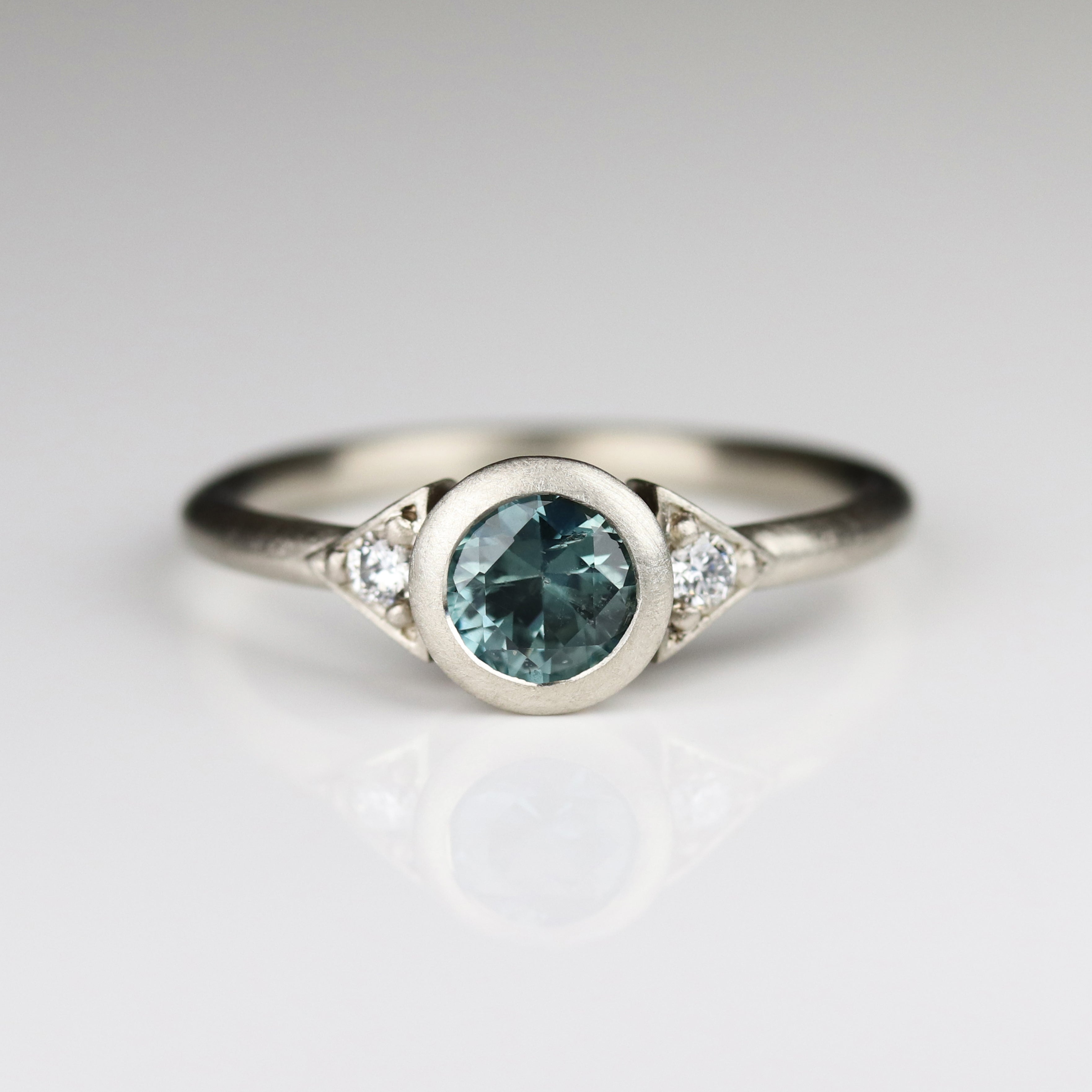 Teal Sapphire & White Gold Deco Three Stone Ring