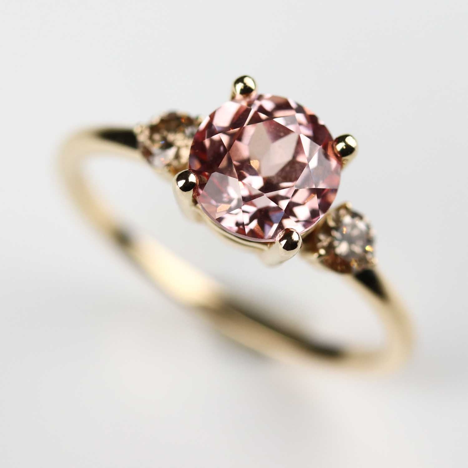 Three Stone Ring With Lab-grown Padparadscha Sapphire and Champagne Diamonds