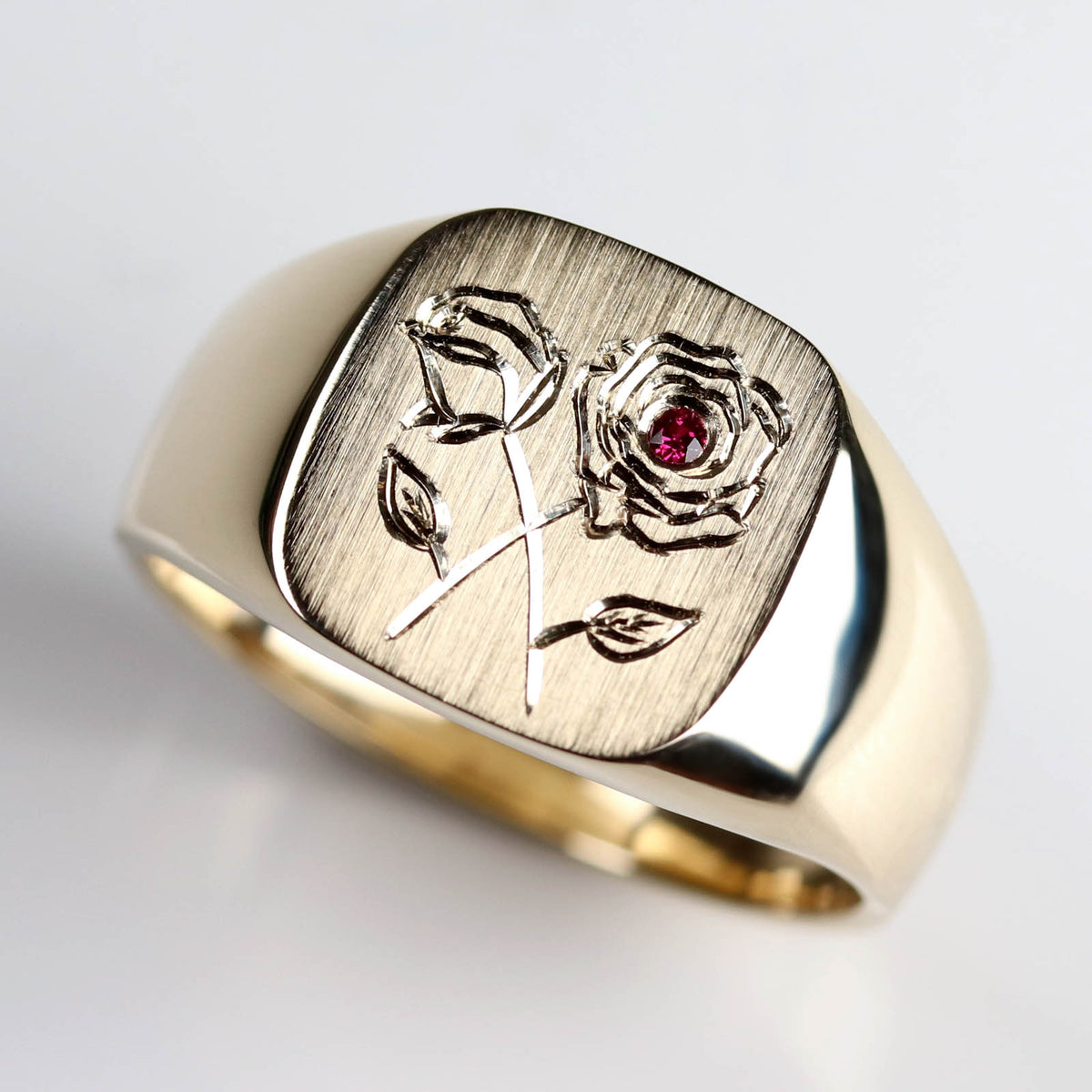 Hand Engraved Gold Signet Ring with Roses