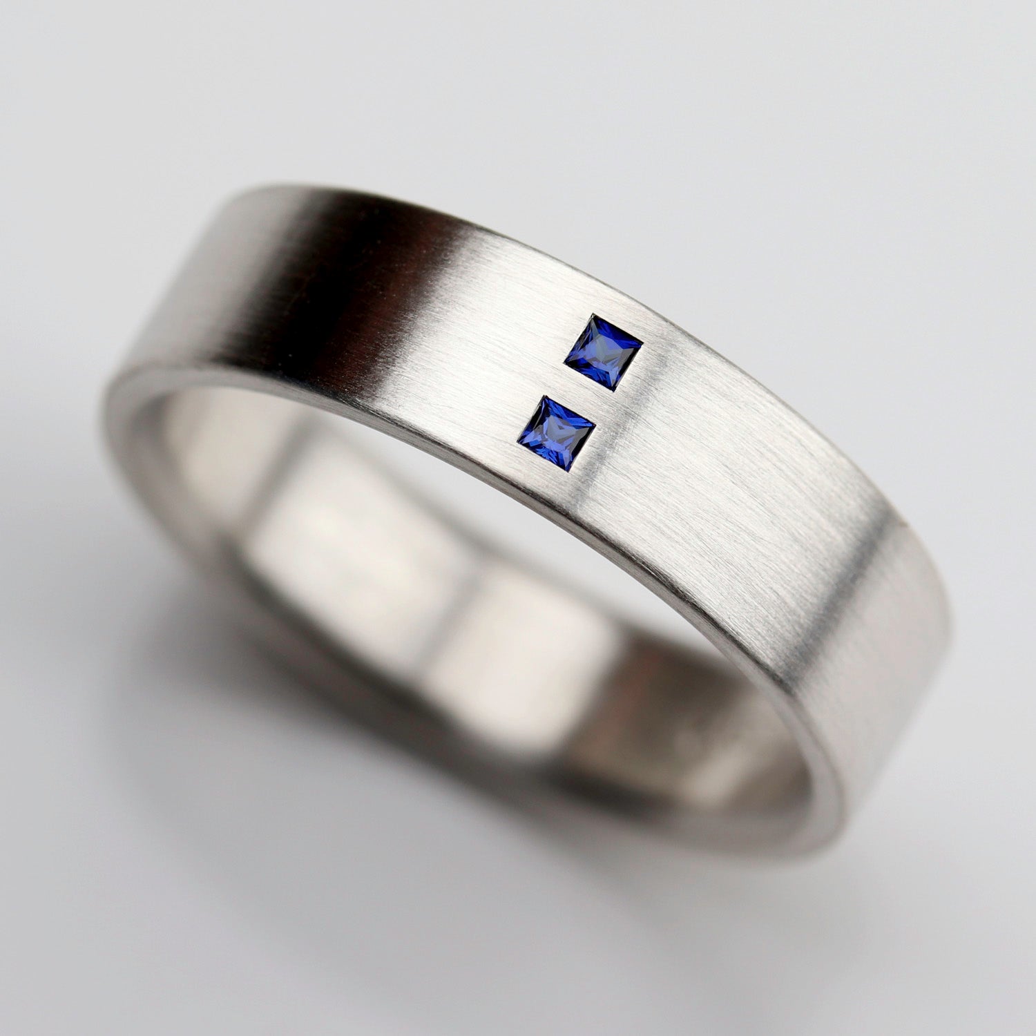 Blue Sapphire Square Flush Set Silver Men's Engagement Band