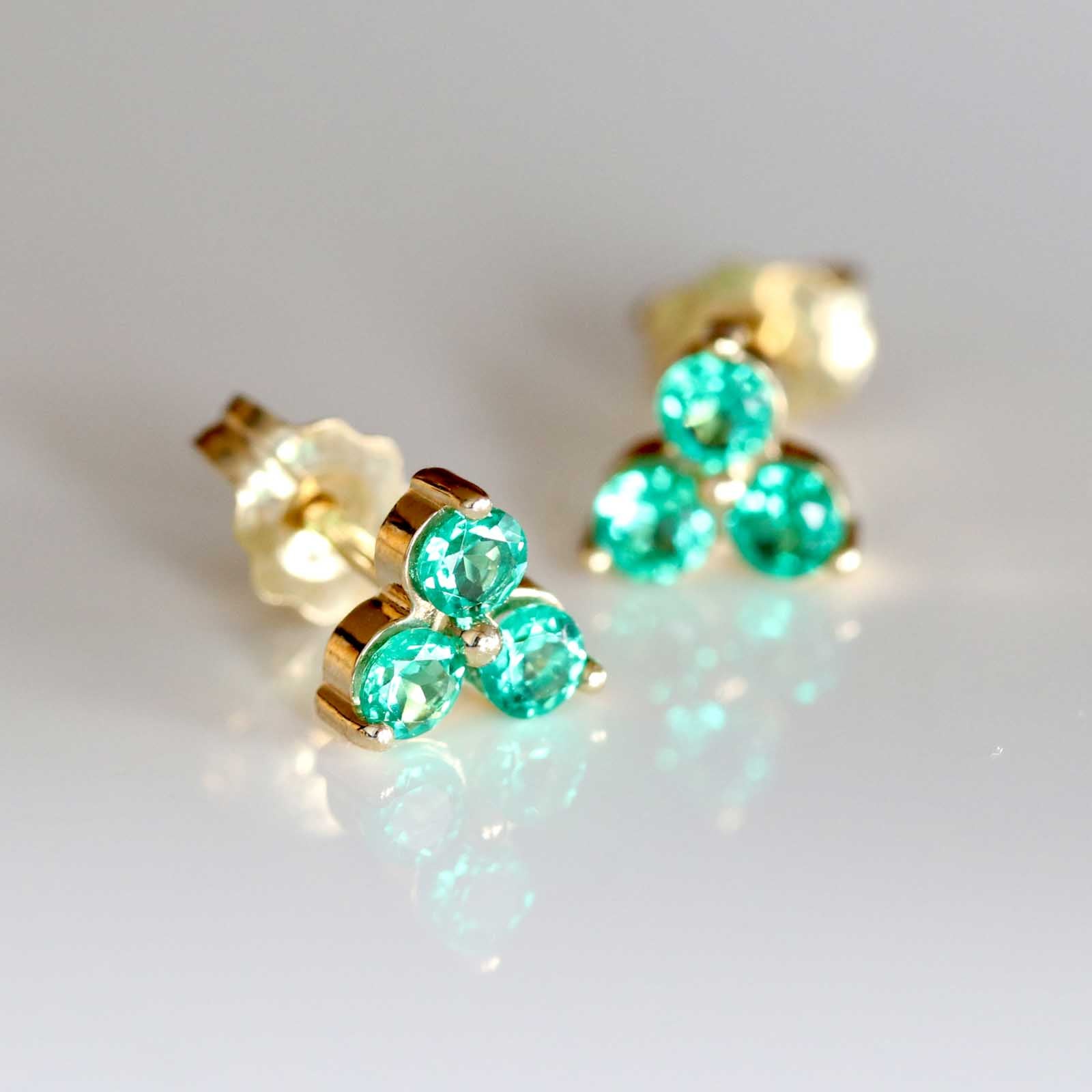 . Emerald Three Stone Post Earrings