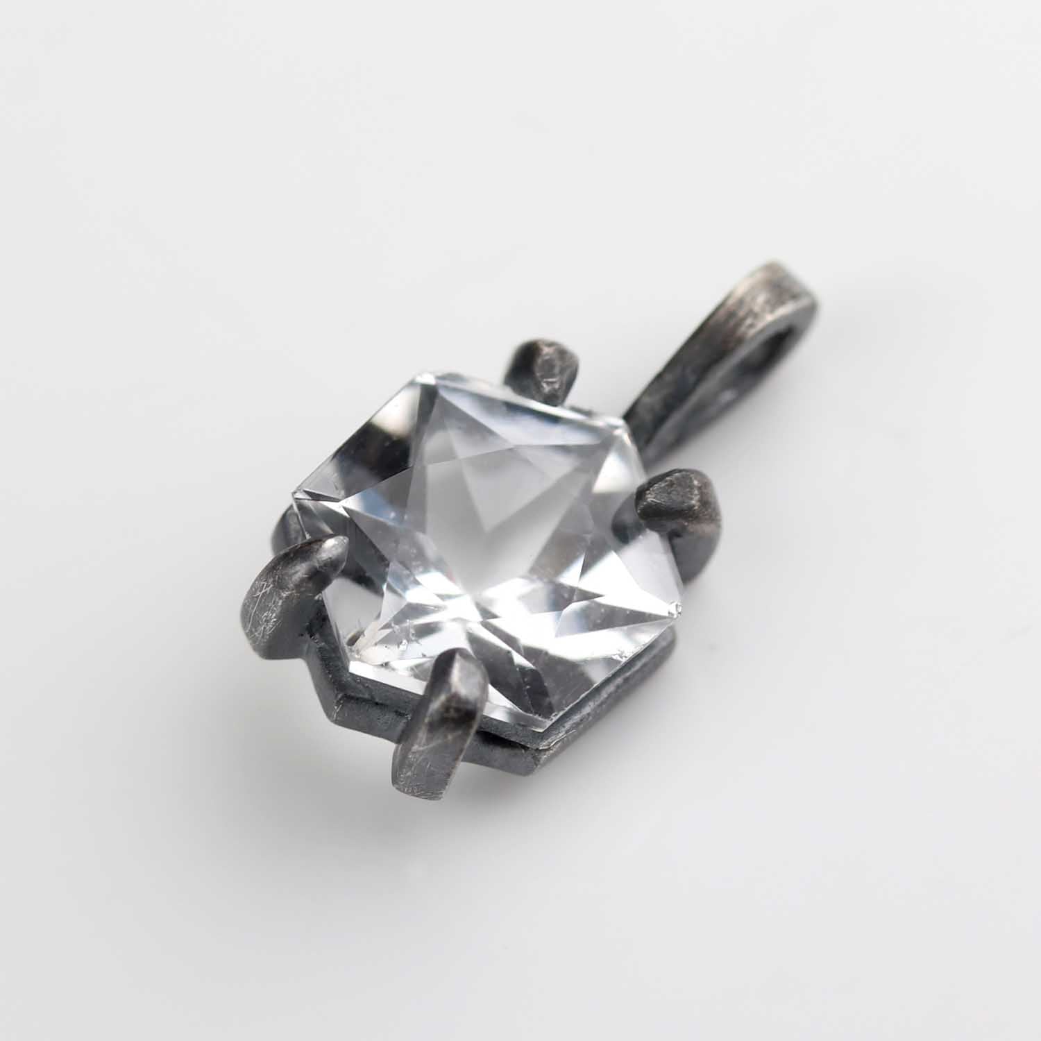 . Prong-set Blackened Silver and 6mm Hexagon Arkansas Quartz Pendant