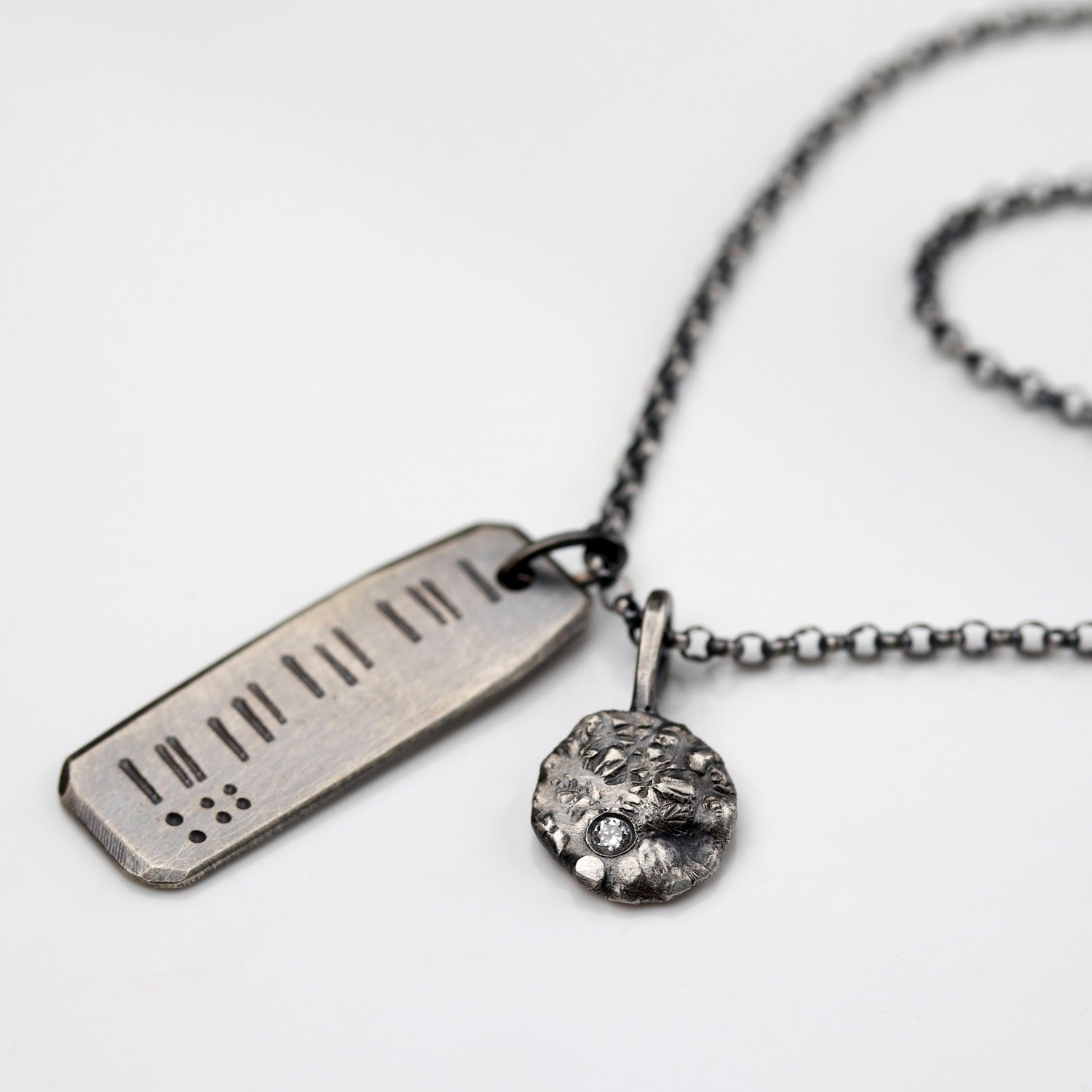 • Silver & Diamond Tag & Charm Necklace