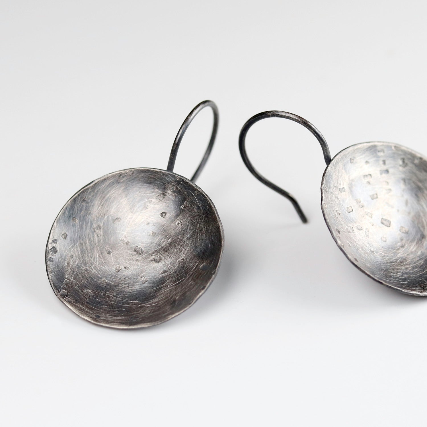 • Textured Dish Silver Drop Earrings