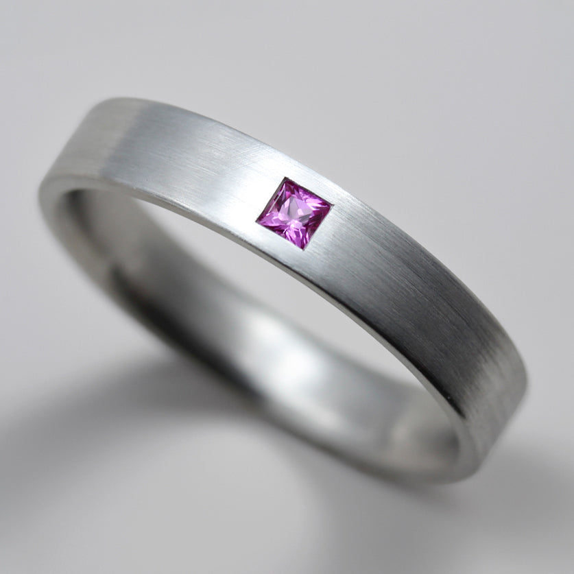 Pink Sapphire & Palladium Flat Band, Engagement Ring - Aide-mémoire Jewelry