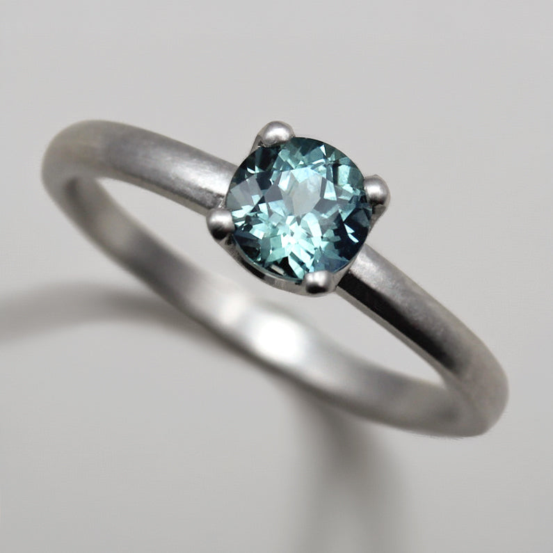 Aqua Blue Sapphire and Palladium Crown Solitaire, Engagement Ring - Aide-mémoire Jewelry