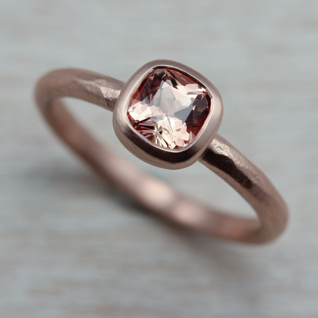 Rustic Cushion Solitaire Ring with Light Peach Sapphire, Engagement Ring - Aide-mémoire Jewelry