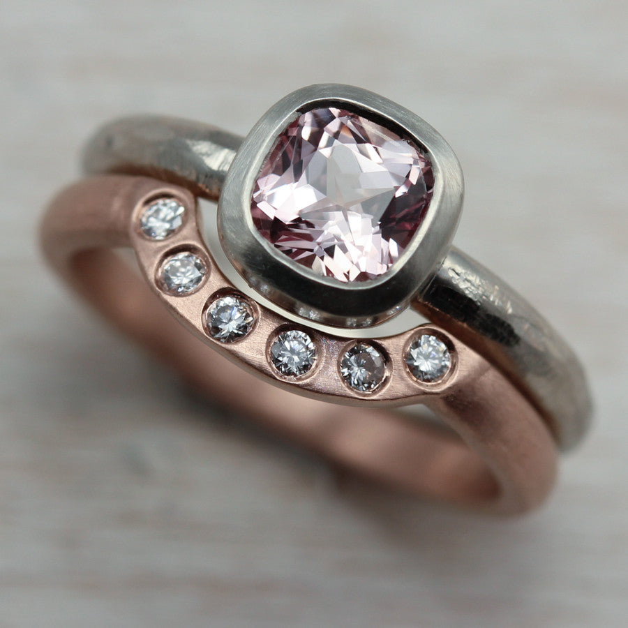 Rustic Cushion Solitaire and Diamond Contour Band, Engagement Ring - Aide-mémoire Jewelry