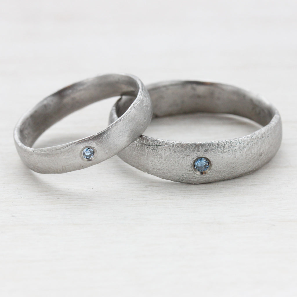 Ancient Texture Bands with Flush Set Blue Diamonds, Engagement Ring - Aide-mémoire Jewelry