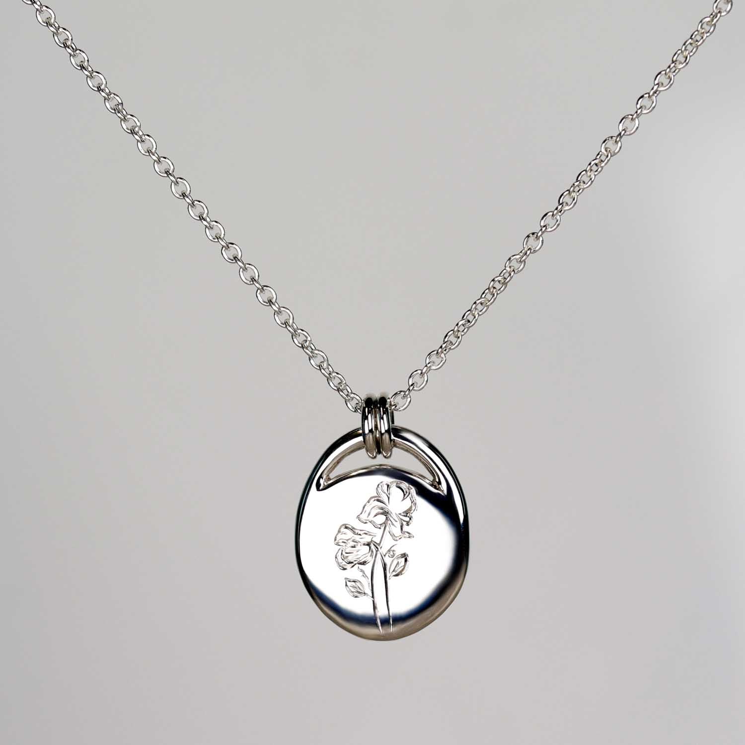 Oval Hand-engraved Birth Flower Pendant