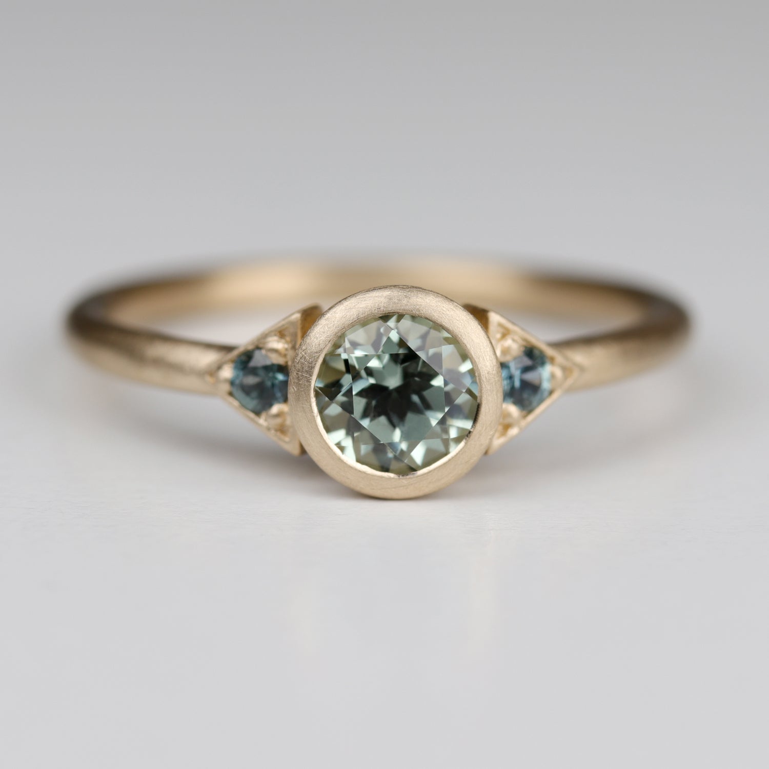 Bezel Deco Three Stone Ring with Lab-grown Green Sapphire