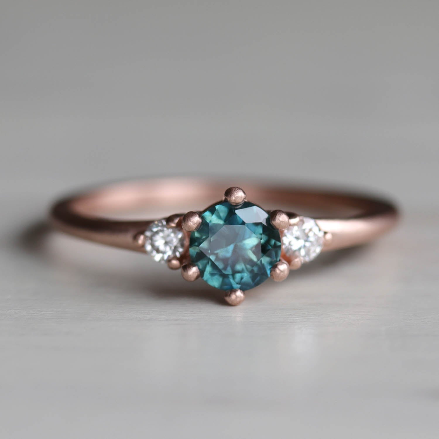 Three Stone Low Base Ring with Sapphire and Diamonds