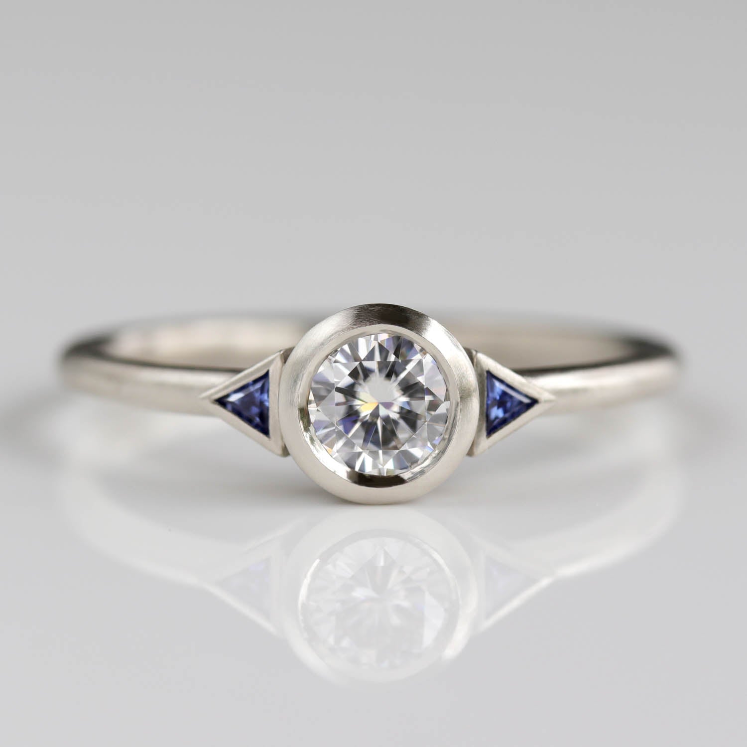 Deco Three Stone Ring with Chatham Lab-grown Light Blue Sapphire accent stones