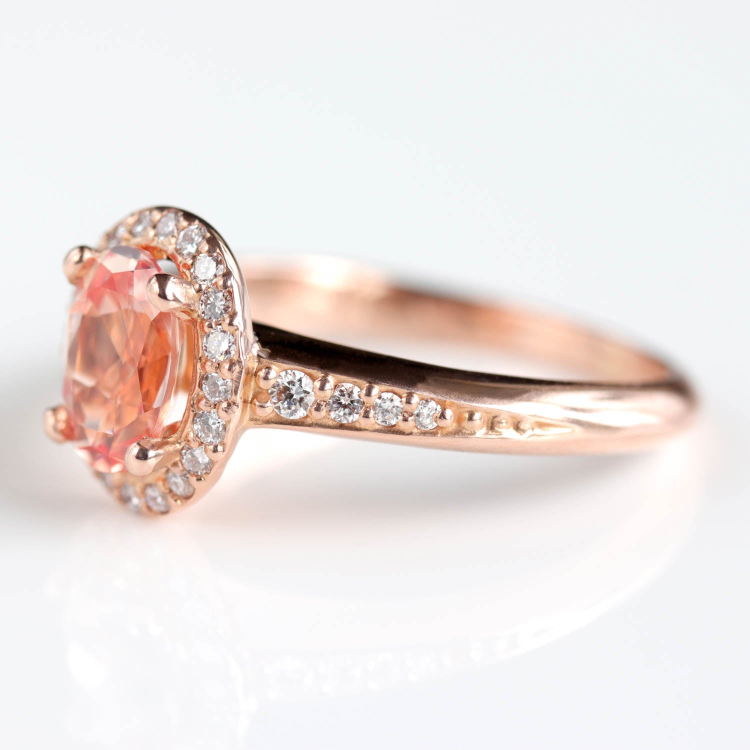 Halo Engagement Ring with Knife-Edge Band with Lab-Grown Chatham Peach Champagne Sapphire
