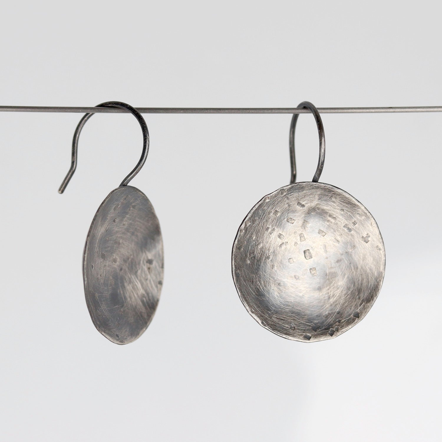 • Textured Dish Silver Drop Earrings