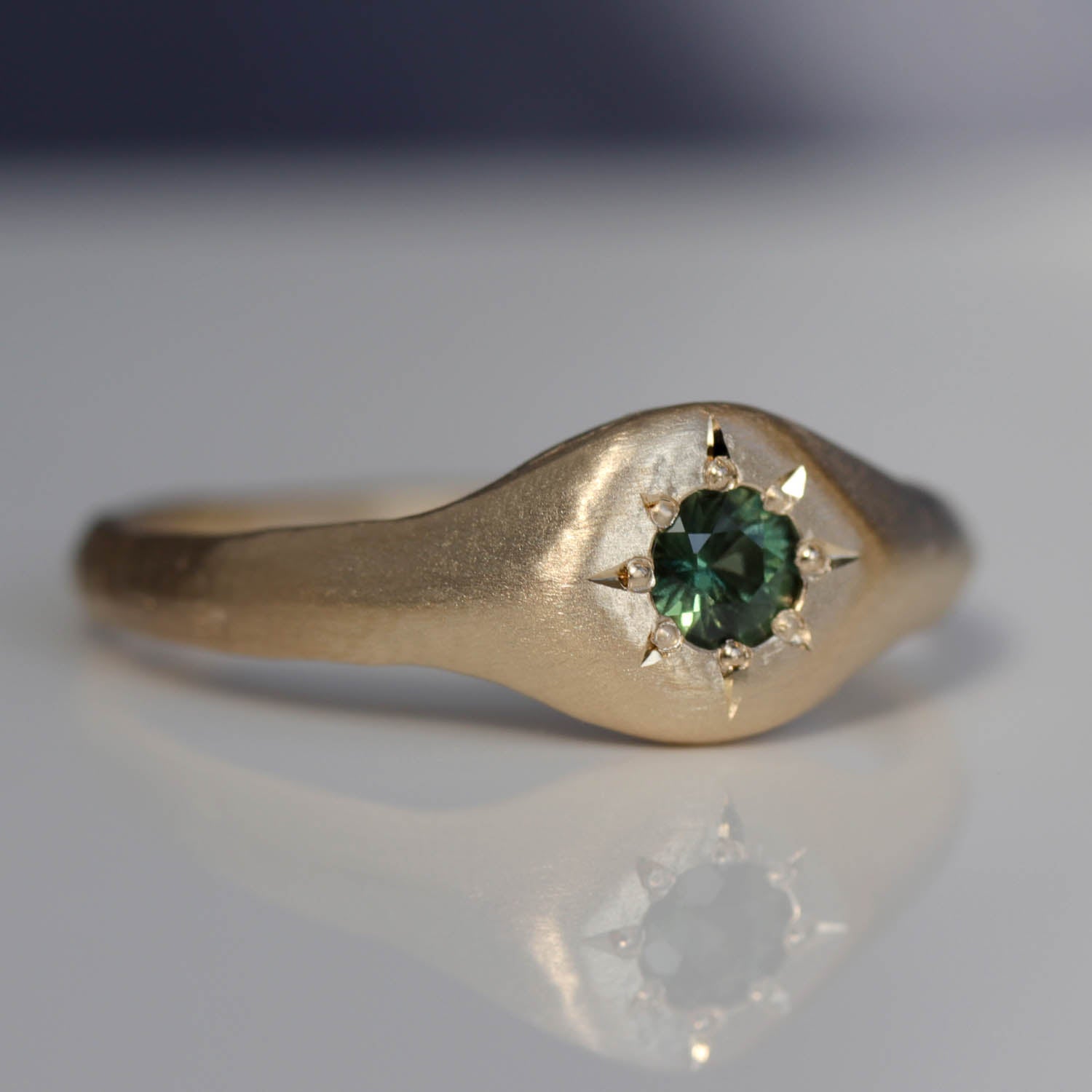 Ancient Signet Engagement Ring with Green Australian Sapphire