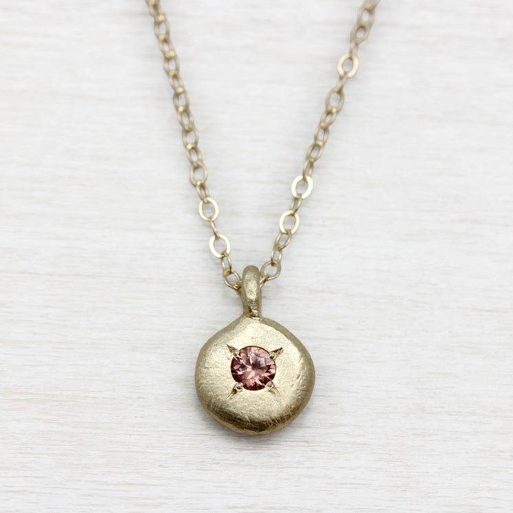 Pendant Necklace with 3mm Peach Sapphire, Engagement Ring - Aide-mémoire Jewelry