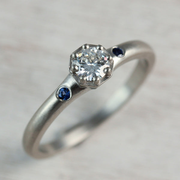 Octagon Engagement Ring with Chatham Blue Sapphire Side Stones, Engagement Ring - Aide-mémoire Jewelry