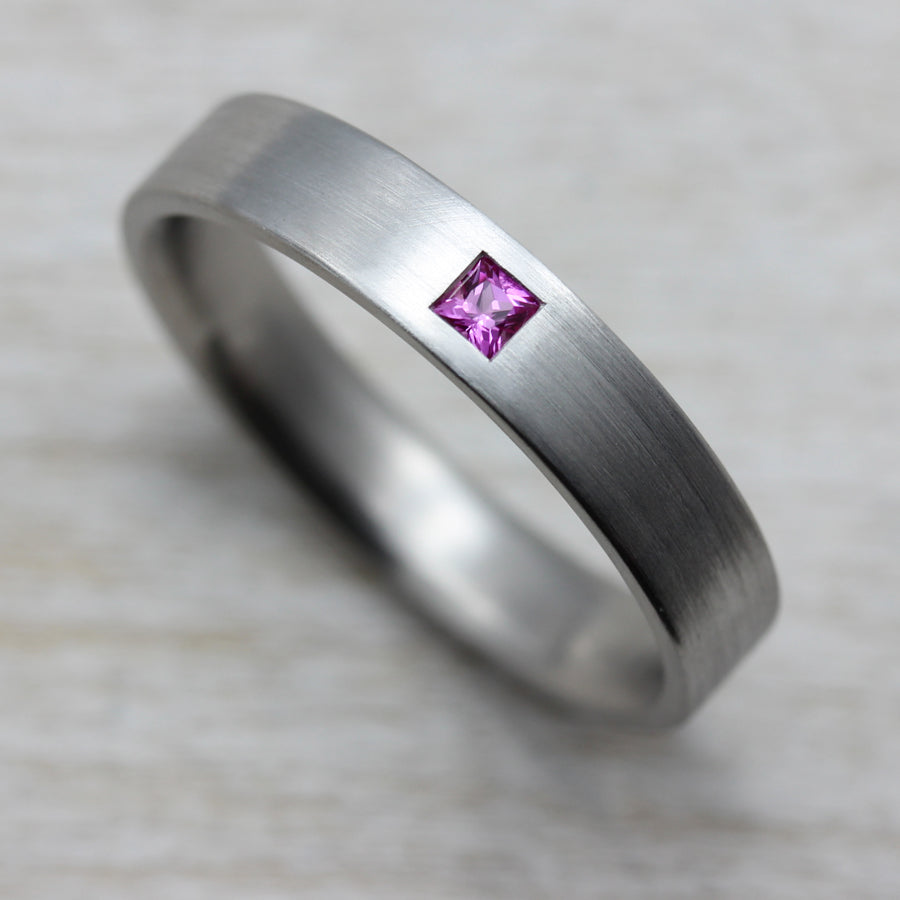 Pink Sapphire & Palladium Flat Band, Engagement Ring - Aide-mémoire Jewelry