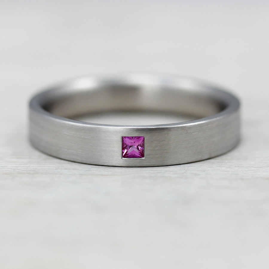 Pink Sapphire & Palladium Flat Band, Engagement Ring - Aide-mémoire Jewelry