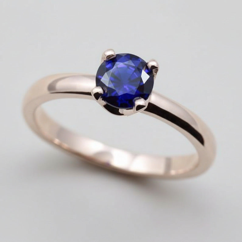 Rose Gold Crown Solitaire with Dark Blue Chatham Sapphire, Engagement Ring - Aide-mémoire Jewelry