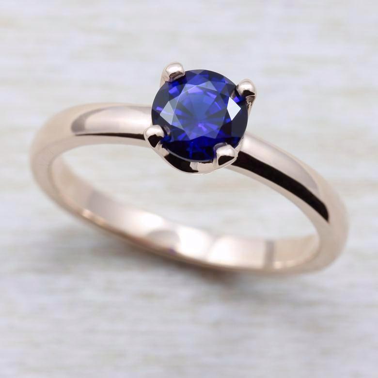 Rose Gold Crown Solitaire with Dark Blue Chatham Sapphire, Engagement Ring - Aide-mémoire Jewelry