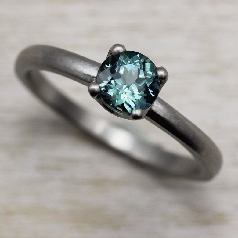 Aqua Blue Sapphire and Palladium Crown Solitaire, Engagement Ring - Aide-mémoire Jewelry