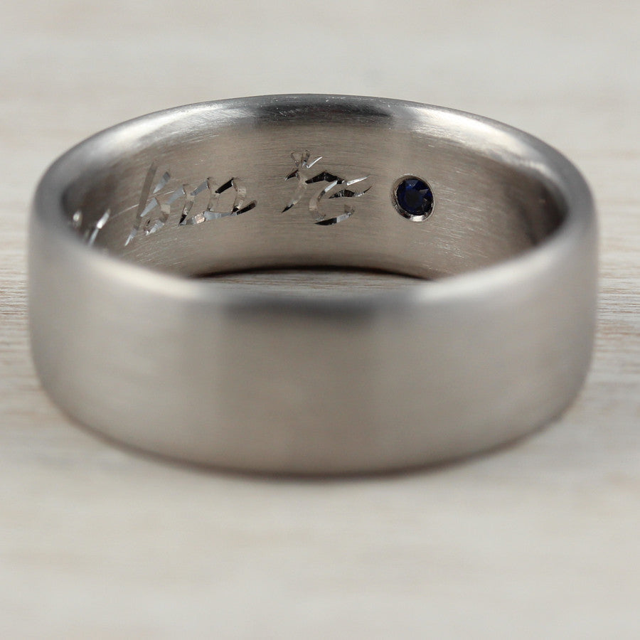 Hand Engraved Wedding Band with Flush Set Chatham Sapphire, Engagement Ring - Aide-mémoire Jewelry