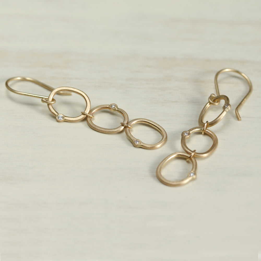 Triple Oval Bead-set Diamond Dangle Earrings, Drop Earrings - Aide-mémoire Jewelry