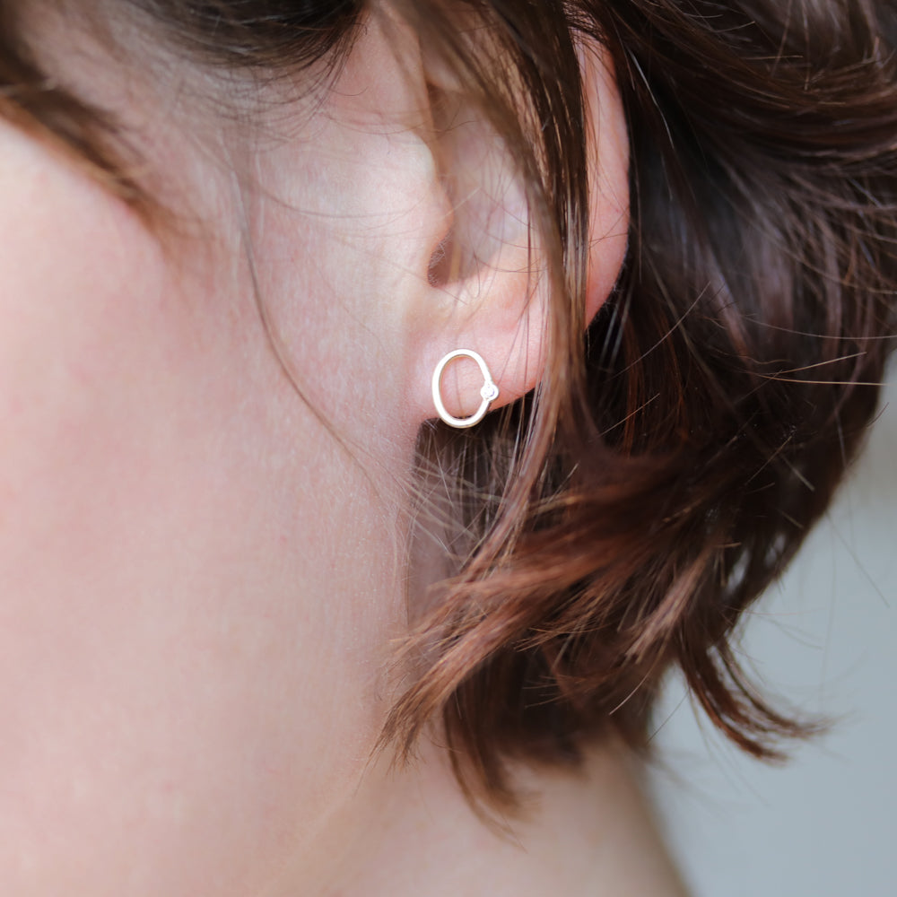 Oval Bead-set Diamond Stud Earrings, Minimal Earrings - Aide-mémoire Jewelry