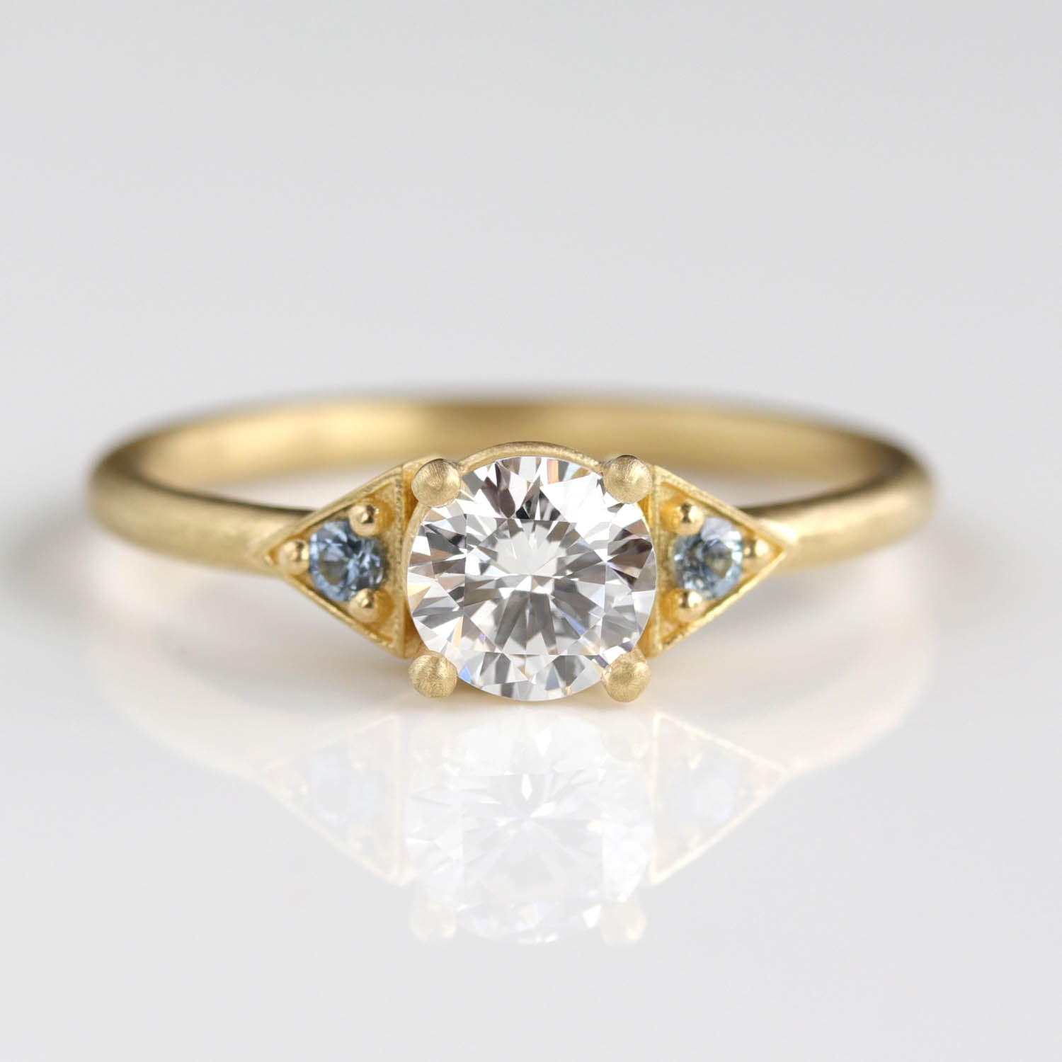 5mm Prong-set Deco Three Stone Ring with Heirloom Diamond and Sapphire side stones