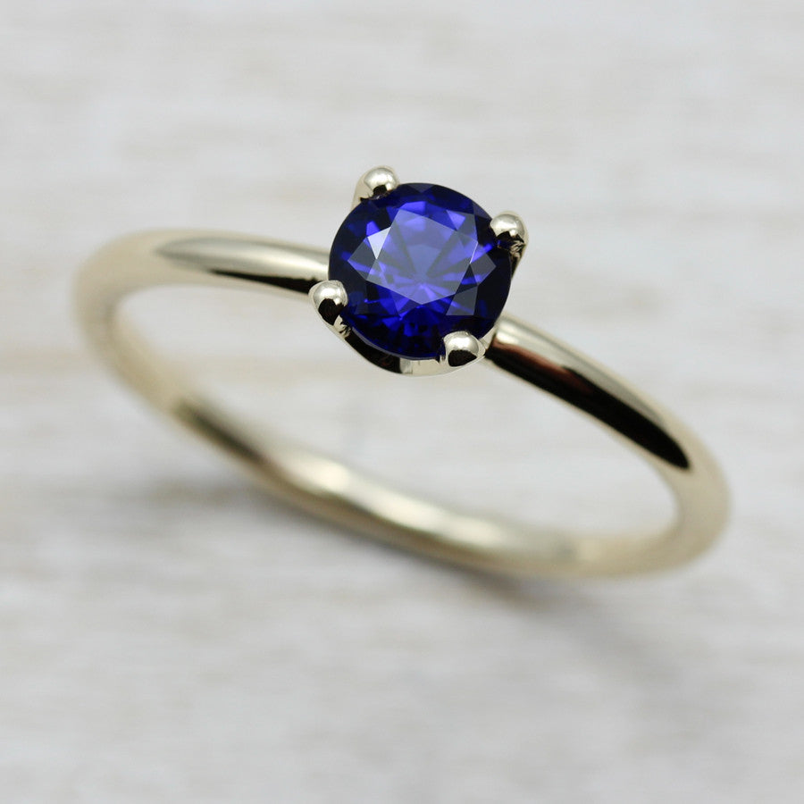 Custom Crown Solitaire with Chatham Sapphire, Engagement Ring - Aide-mémoire Jewelry