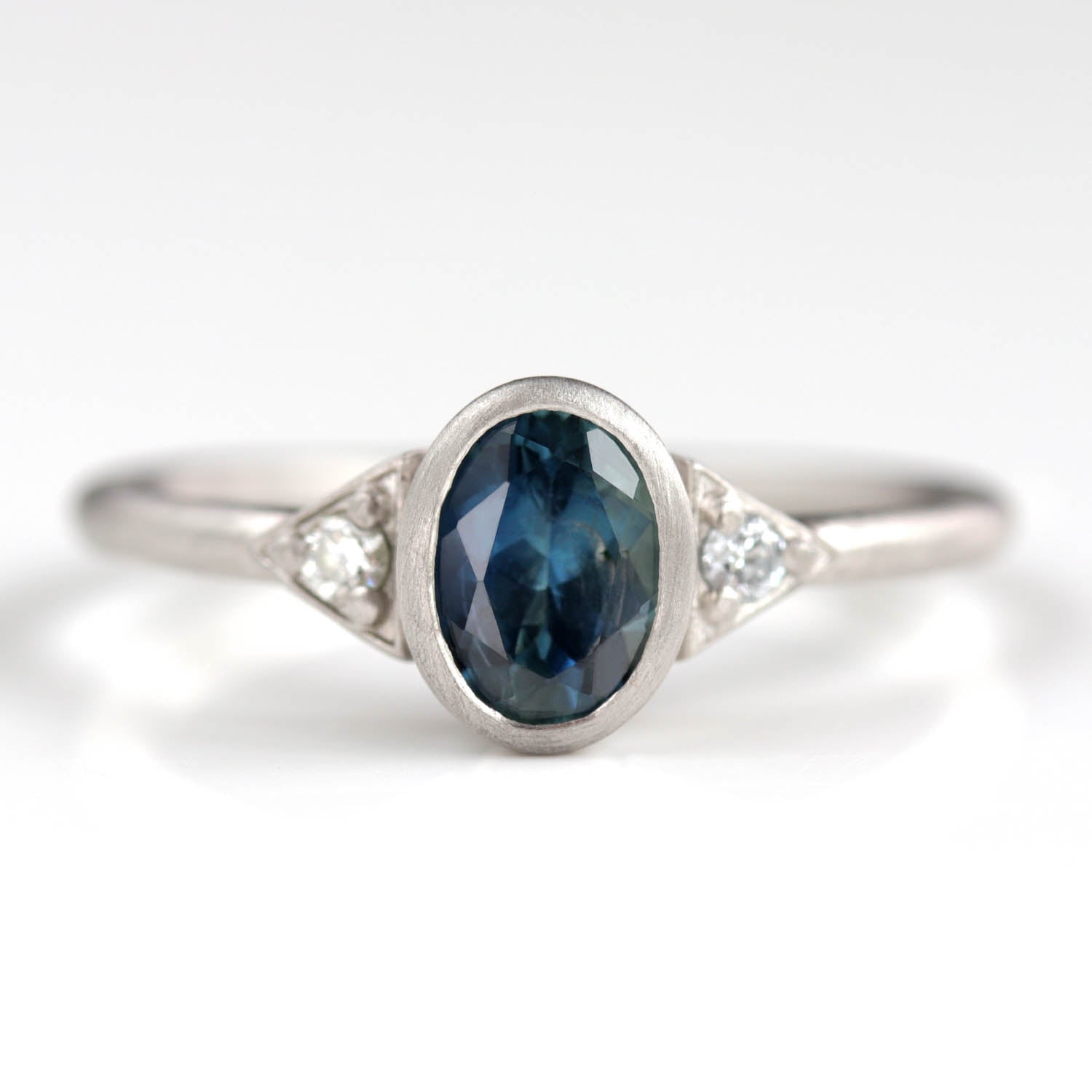 Deco Three Stone Ring with Oval Malawi Sapphire