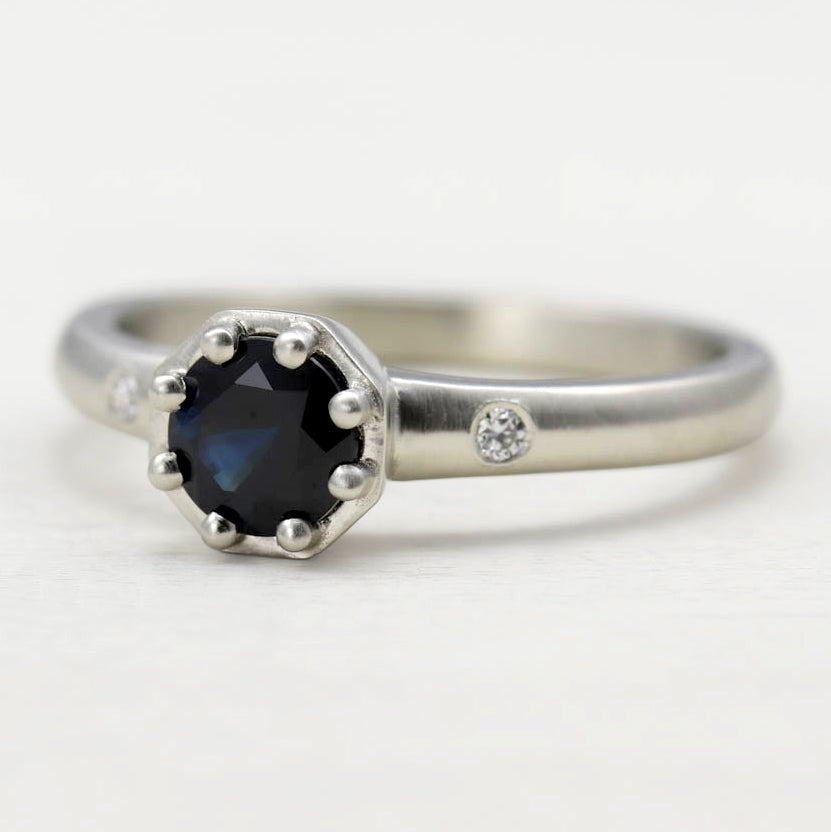 Octagon Solitaire with Dark Blue Sapphire, Engagement Ring - Aide-mémoire Jewelry