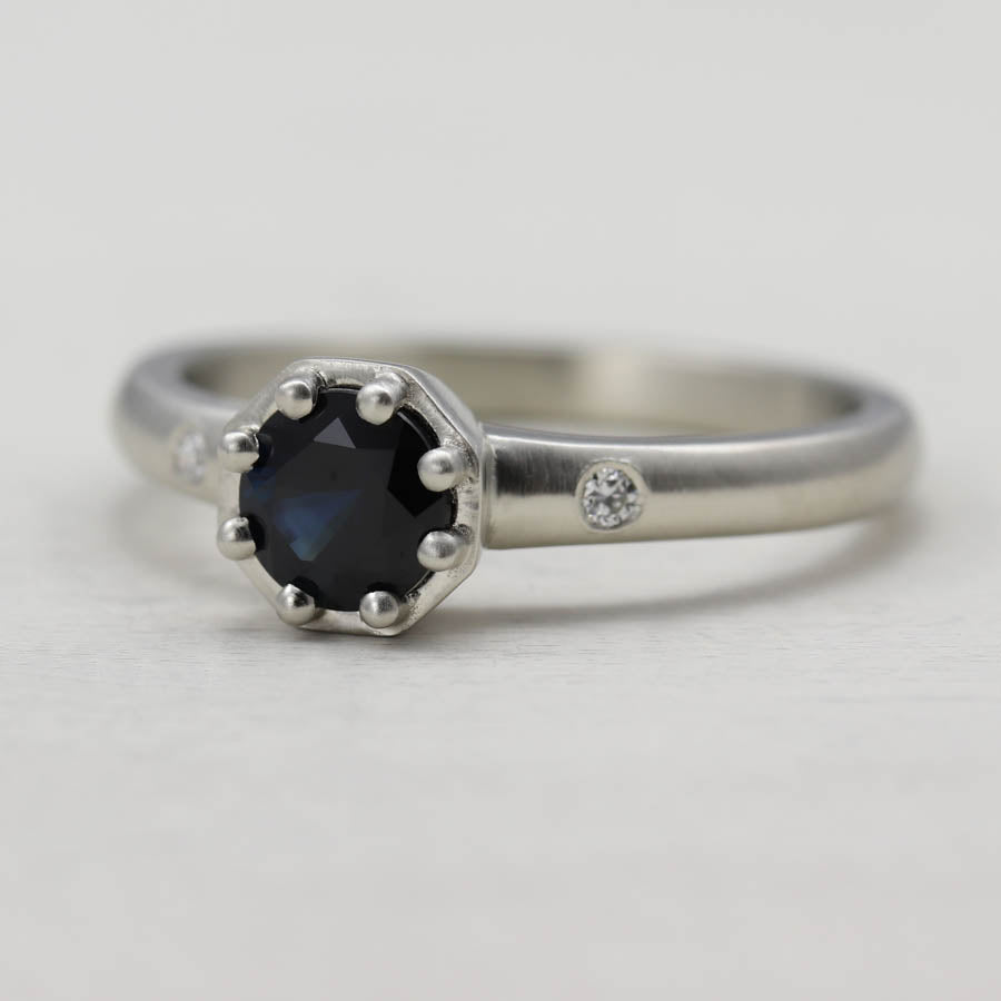 Octagon Solitaire with Dark Blue Sapphire, Engagement Ring - Aide-mémoire Jewelry