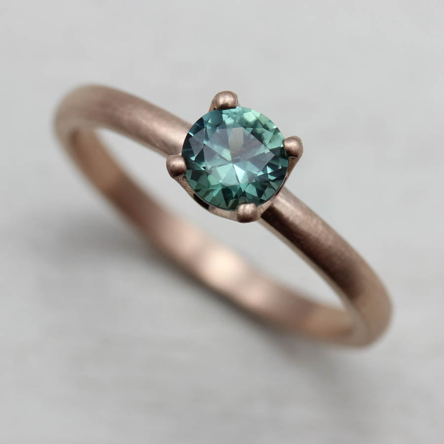Blue Green Montana Sapphire and Rose Gold Crown Solitaire Engagement Ring — Aide-mémoire Jewelry