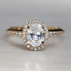 Unique Oval Halo Solitaire Engagement Ring with Knife-Edge Band