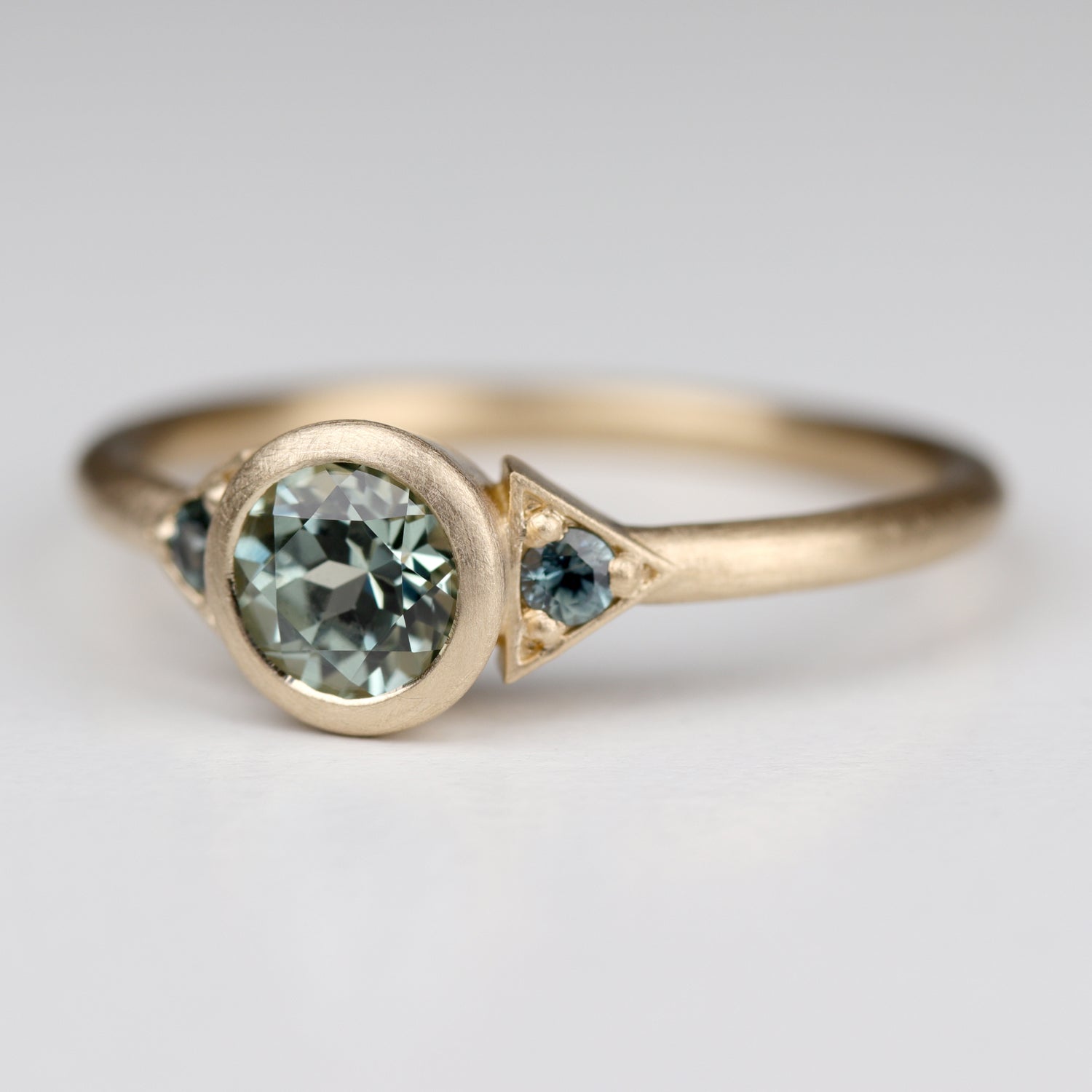 Bezel Deco Three Stone Ring with Lab-grown Green Sapphire