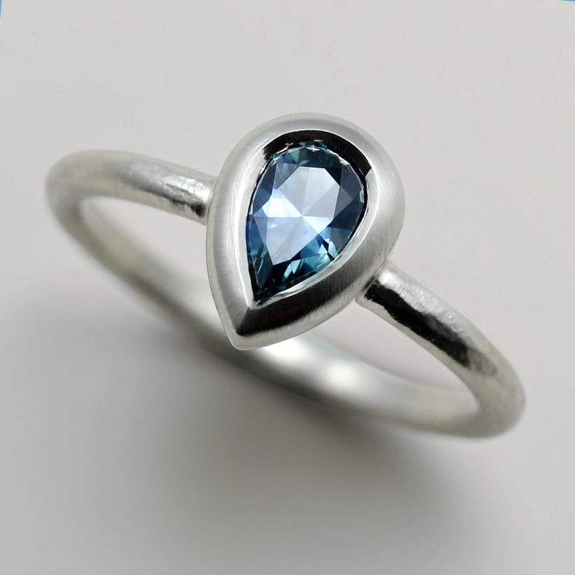 10k White Gold Pear Solitaire with Montana Sapphire, Engagement Ring - Aide-mémoire Jewelry